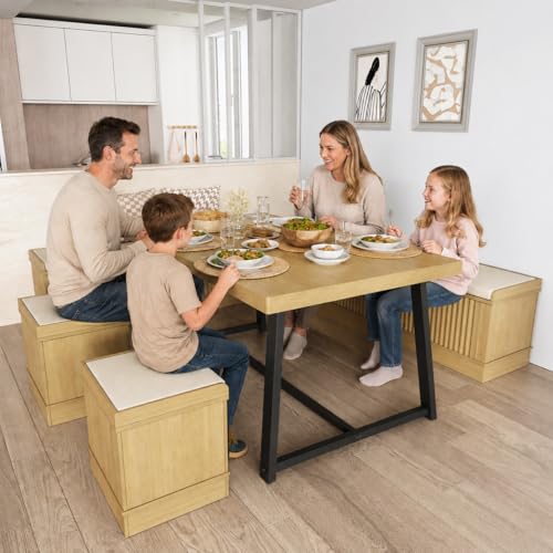 Corner Dining Table Set, 6-Piece Breakfast Nook Dining Set with Storage Bench and Stools, 47" Banquette Seating for Small Space, Apartment Kitchen & Dining Room, Natural Wood