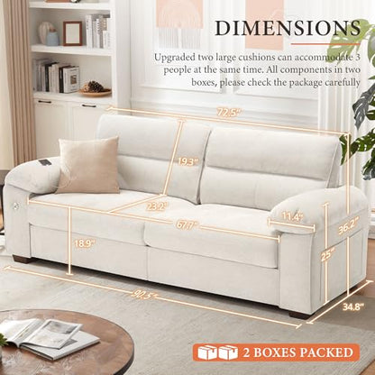90.5" Modern Sofa 2-Seater Couch for Living Room, Chenille Pillow-Armrest with Extra Large Seat Width, USB/Type-C Charging Port & Side Pocket, Removable Medium Firm Cushion(Beige)