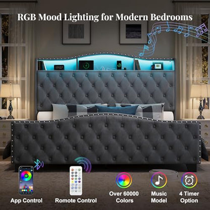 Platform Bed Frame with 50.9" LED Headboard, King Grey, view 5