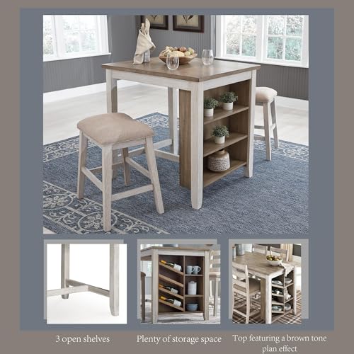 Signature Design by Ashley Skempton 3 Piece Counter Height Dining Set, Includes Table and 2 Barstools, Cushioned Seats, Wood, Whitewash