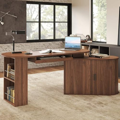 Office L Shaped Computer Desk with Storage Cabinet, Reversible Corner L Desks with Keyboard Tray and Open Shelf, Home Office Executive Desk with Power Outlet for Study Workstation, Walnut 60 Inch