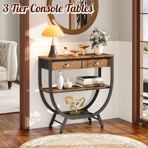 Console Entryway Table with 2 Drawers, 31.5" Height Sofa Table Behind Couch with 3 Tier Storage Shelves，Industrial TV Stand Accent Furniture for Hallway Corner Living Room Bedroom Entry Way Home Decor