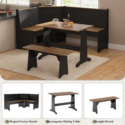 Corner Dining Table Set with Storage, 3-Piece L-Shaped Breakfast Nook Featuring Hidden Bench Storage, Compact Kitchen Dining Set for Small Spaces, Black & Oak