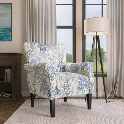 Modern Accent Chair for Living Room, High Back Linen Armchair with Wooden Legs, view 6