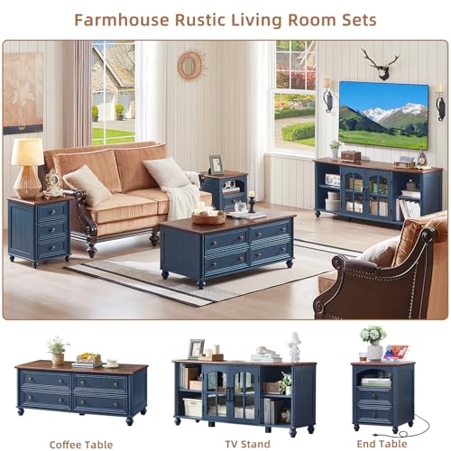 Farmhouse TV Stand for 60 Inch TV, Wood Entertainment Center with Adjustable Shelves & Glass Door Storage Cabinet,Television Stands for 65" TVS,TV Console Table for Living Room,Bedroom,Navy Blue