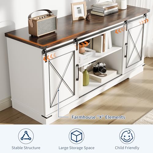 Farmhouse TV Stand with Sliding Barn Doors for TVs up to 65" | Entertainment Center, Media Cabinet with Flexible Storage, Adjustable Shelves and Ample Space, for Living Room Bedroom