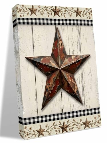 NuYeBiofx Farmhouse Country Western Star Canvas Wall Art Prints,30"x20" Framed Picture Artwork Retro Wood Board Printed Canvas Oil Painting for Living Room Bedroom Office,Ready to Hang