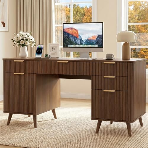 59" Fluted Executive Desk with 5 Drawers & Charging Station,Walnut, view 2