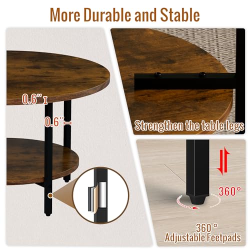 Round Coffee Table, 27.6" Circle Coffee Table for Living Room, 2-Tier Wood Accent Center Table with Open Storage Industrial Design Home Furniture, Rustic Brown