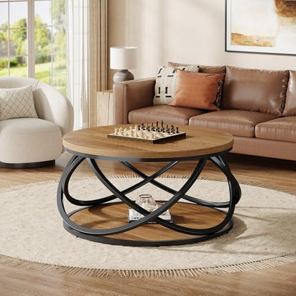 Tribesigns 2-Tier Round Coffee Table, 31.5" Circle Center Table, Wood Grain Accent Table with Storage Shelf and Cross Metal Frame for Living Room, Small Space, Rustic Brown
