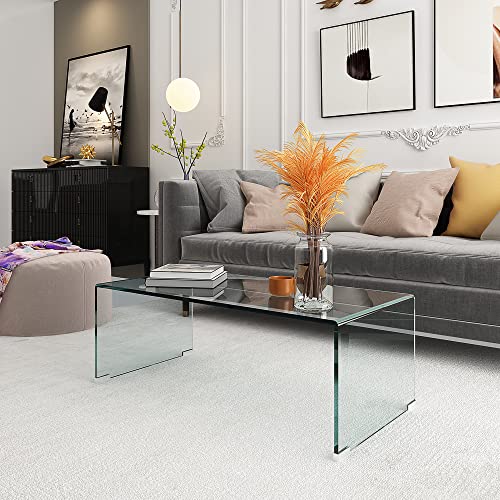 Tempered Glass Coffee Table for Modern Living Room Decor, Easy to Clean with Safe Rounded Edges and Durable Design, 39.3" L x 19.6" W x 13.78" H (1, Transparent Coffee Table)