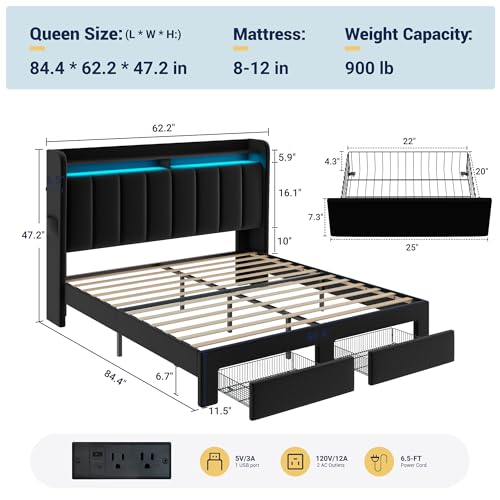 Queen Bed Frame with 2-Tier Storage Headboard & 2 Large Drawers, view 3