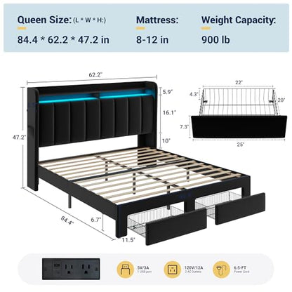 Queen Bed Frame with 2-Tier Storage Headboard & 2 Large Drawers, view 3