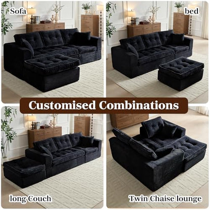 Cloud Couches for Living Room, Modern Modular Sectional Sofa with L-Shape Chaise, Boneless Couch with Deep Seat, Plush Corduroy, No Assembly Required (Black)