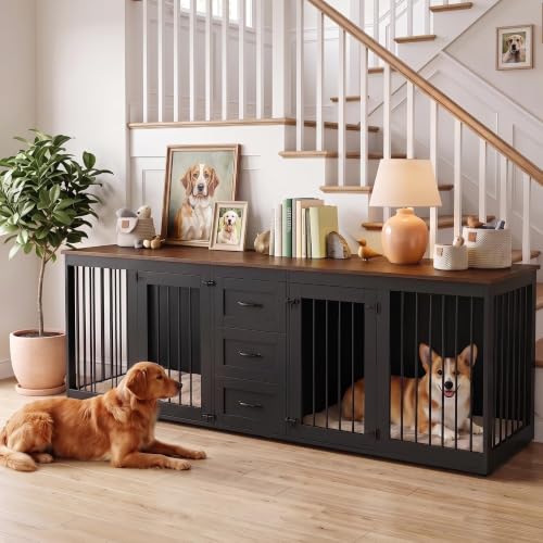 92.8" Double Dog Crate Furniture with 3 Drawers, Dog Kennel Indoor, view 3