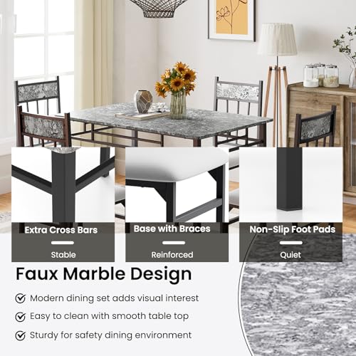 5 Piece Dining Table Set for 4, Faux Marble Kitchen Table and Chairs Set of 4, Vintage Rectangular Dining Room Table with Cushion Padded Seat, Metal and Wood Dining Set Kitchen Furniture, Grey