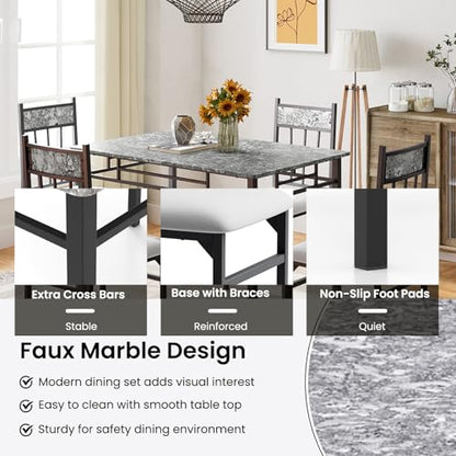 5 Piece Dining Table Set for 4, Faux Marble Kitchen Table and Chairs Set of 4, Vintage Rectangular Dining Room Table with Cushion Padded Seat, Metal and Wood Dining Set Kitchen Furniture, Grey