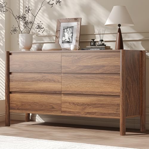 47.2" Wide Walnut 6 Drawer Dresser for Bedroom with Solid Wood Legs, view 2