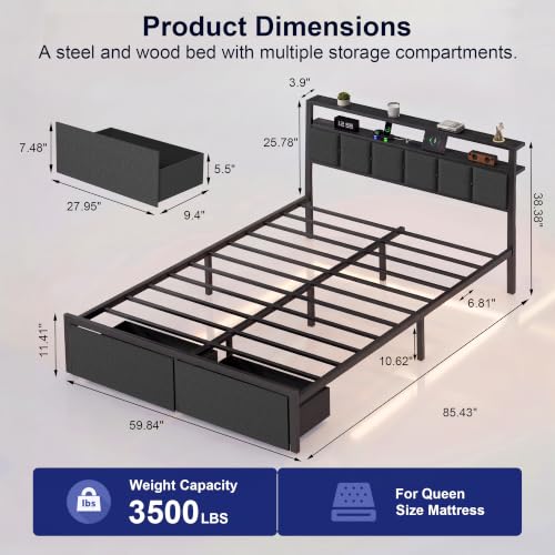 Queen Bed Frame with Storage Drawers, Charging Station and LED Lights, view 3