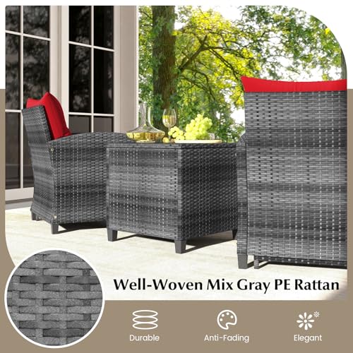 5 Pieces Patio Furniture Set with Ottomans, Wicker Patio Conversation Set with Coffee Table & Cushions, PE Rattan Outdoor Lounge Chairs for Backyard, Porch, Poolside (Mix Grey- Red)