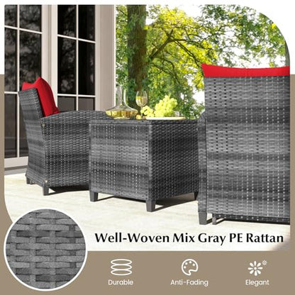5 Pieces Patio Furniture Set with Ottomans, Wicker Patio Conversation Set with Coffee Table & Cushions, PE Rattan Outdoor Lounge Chairs for Backyard, Porch, Poolside (Mix Grey- Red)