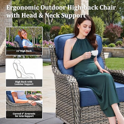 Luxury High Back Patio Furniture Set with 6-Inch Thick Cushions, 6-Pieces Outdoor Furniture with Swivel Chairs &Side Table, Wicker Conversation Set for Porch, Balcony, Deck and Yard, Grey/Blue
