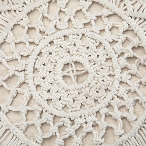 Coates Round Pouf - 18 inch Wide Handwoven Cotton Macrame Ottoman in Cream, Boho Footstool, Decorative Pouf or Extra Seating for Living Room, Bedroom, or Kids Room, Assembled