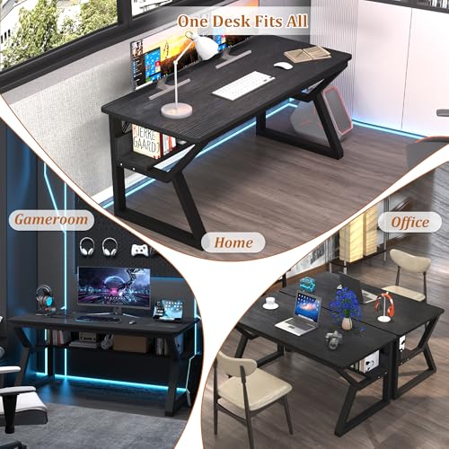 47 inch Computer Desk with Storage Shelf, K-Shaped Office Desk with Sturdy Metal Frame, Writing Gaming Work Desk with Waterproof Surface for Home Office & Bedroom, Black