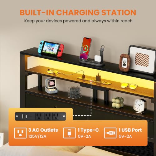 Full Size Bed Frame with LED Lights and Charging Station, view 5