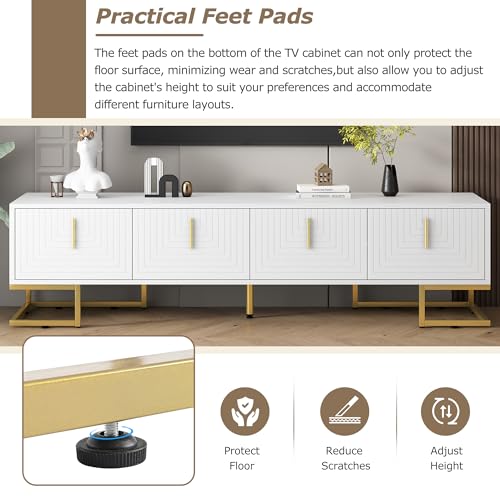 ON-TREND Modern TV Stand with Metal Legs and Gold Handles for TVs Up to 80'', Media Console Table with Cabinets and Adjustable Shelves, Luxury TV Cabinet with Geometric Lines for Living Room, White