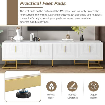 ON-TREND Modern TV Stand with Metal Legs and Gold Handles for TVs Up to 80'', Media Console Table with Cabinets and Adjustable Shelves, Luxury TV Cabinet with Geometric Lines for Living Room, White