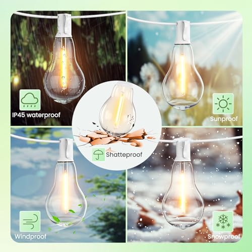 Outdoor String Lights 100 Feet LED Patio Lights 53 Plastic Edison Bulbs (3 Spare), Waterproof Connectable Hanging Light for Backyard Porch Balcony Party Decor, White