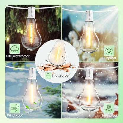 Outdoor String Lights 100 Feet LED Patio Lights 53 Plastic Edison Bulbs (3 Spare), Waterproof Connectable Hanging Light for Backyard Porch Balcony Party Decor, White