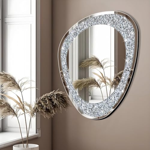 Modern Irregular Shaped Wall Mirror – 32x23.5 Inch Decorative Oval Diamond Decor Mirror for Living Room, Bedroom, Bathroom, Entryway