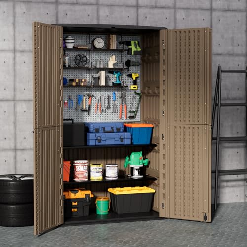 Large 67 Cu.ft Waterproof Storage Shed, Outdoor Storage Cabinet，Durable Resin Sheds for Patio Furniture, Garden Tools, Pool Accessories, Mower Storage (Coffee)
