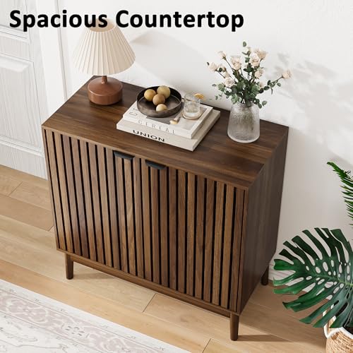 Sideboard Buffet Cabinet with Storage, Freestanding Kitchen Storage Cabinet with 2 Slatted Doors and Adjustable Shelves, Wooden Cupboard for Kitchen, Entryway (Slatted Door Walnut)