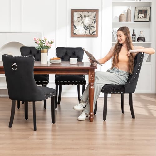 Velvet Dining Chairs Set of 4, Upholstered Dining Room Chairs with Ring Pull Trim and Button Back, Luxury Tufted Dining Chairs for Living Room, Bedroom, Kitchen (Black)