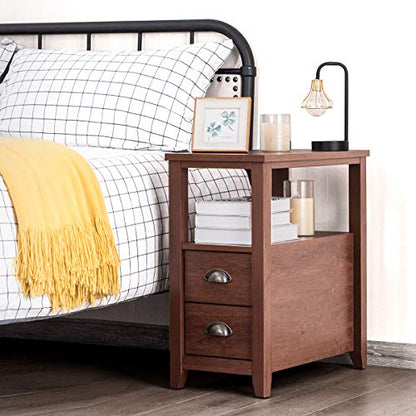 End Table W/ 2 Drawers and Shelf Space-Saving Rectangular Bedside Table with Metal Handle, Retro Side Table for Living Room Bedroom Home Furniture Side Table (1, Brown)