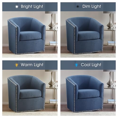 Swivel Barrel Accent Chair, Upholstered Curved Back with 7-Inch Thick Woven Cushion, 360° Swivel, Nailhead Trim, Comfy Chair for Living Room, Bedroom, Office, 28" Wide, Blue, Tyler