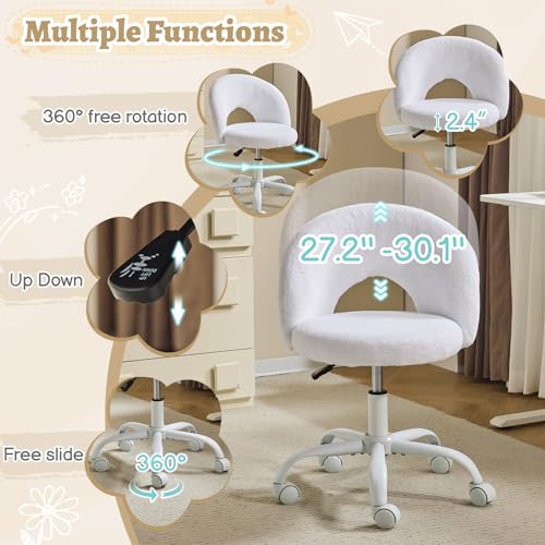 Small Vanity Chair with Faux Fur Wheels for Girls,Cute Adjustable Height Armless Office Desk Chair,360°Swivel Comfy Rolling for Study,Make up Room,Small Space,White