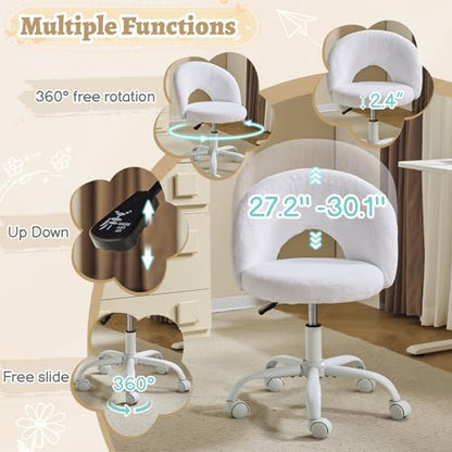 Small Vanity Chair with Faux Fur Wheels for Girls,Cute Adjustable Height Armless Office Desk Chair,360°Swivel Comfy Rolling for Study,Make up Room,Small Space,White