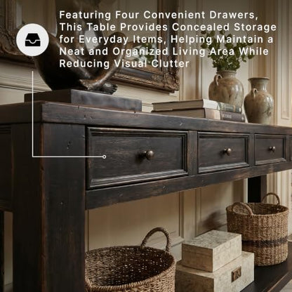 Signature Design by Ashley Gavelston Sofa Table, 64 Inch Console Table with 4 Drawers, Mixed Wood Construction, Behind Couch Storage for Living Room, Weathered Black
