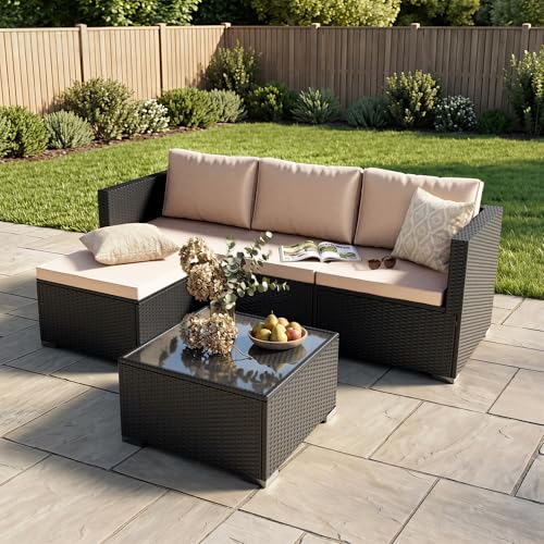 Patio Furniture Set - All-Weather -5 Piece Outdoor Patio Conversation Couch Sets, Modular Wicker Rattan Sectional Sofa for Garden, Patio, Poolside, Backyard, Balcony, Porch,Khaki