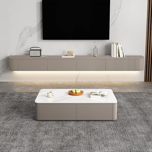 Floating TV Stand Wall Mounted – Wall Entertainment Center with Flip-Down Doors & Drawers, Modern Hanging TV Shelf for Living Room, Media Console for 65/75 80 Inch TVs (Khaki, 86.6IN/220CM)