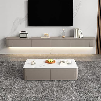 Floating TV Stand Wall Mounted – Wall Entertainment Center with Flip-Down Doors & Drawers, Modern Hanging TV Shelf for Living Room, Media Console for 65/75 80 Inch TVs (Khaki, 86.6IN/220CM)