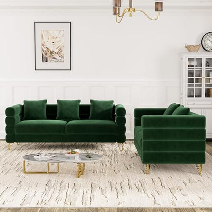Living Room Sofa Couch and Loveseat Set, Modern Comfy Velvet Deep Seat Cloud Couch with 5 Pillows, Oversized Sofa Furniture Sets for Living Room Bedroom, Emerald Green Velvet