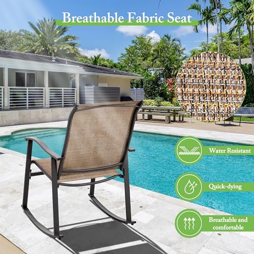 Rocking Chair Outdoor with Table, 3 Piece Rocking Patio Bistro Set, Outdoor Furniture Set with Metal Frame and Textilene Fabric for Small Space, Brown