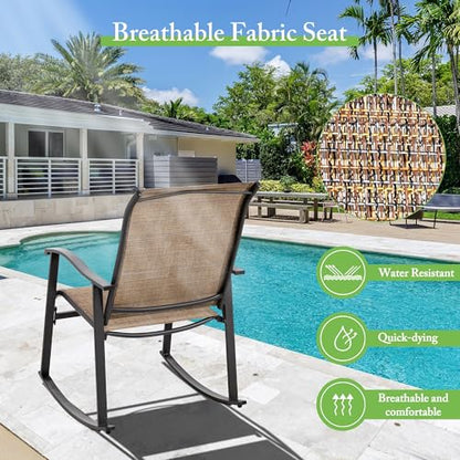 Rocking Chair Outdoor with Table, 3 Piece Rocking Patio Bistro Set, Outdoor Furniture Set with Metal Frame and Textilene Fabric for Small Space, Brown