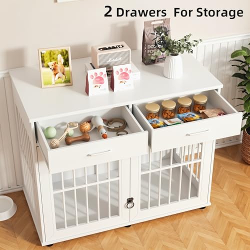 43.3" Large Dog Crate Furniture with 2 Drawers, White, view 7