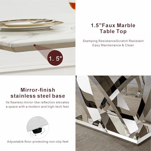 Marble Dining Table for 6 People, 70'' Rectangle Faux Marble Dining Table with Mirrored Stainless Steel Base, Large Size Marble Kitchen Table (Silver,White)(only Table)